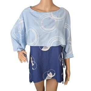 Radzoli Layered Lagenlook Navy Blue Pastel Embroidered Tie-Sleeve Tunic Top MP